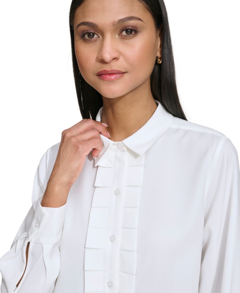 Karl Lagerfeld Petite Collared Pleat-Front Long-Sleeve Top