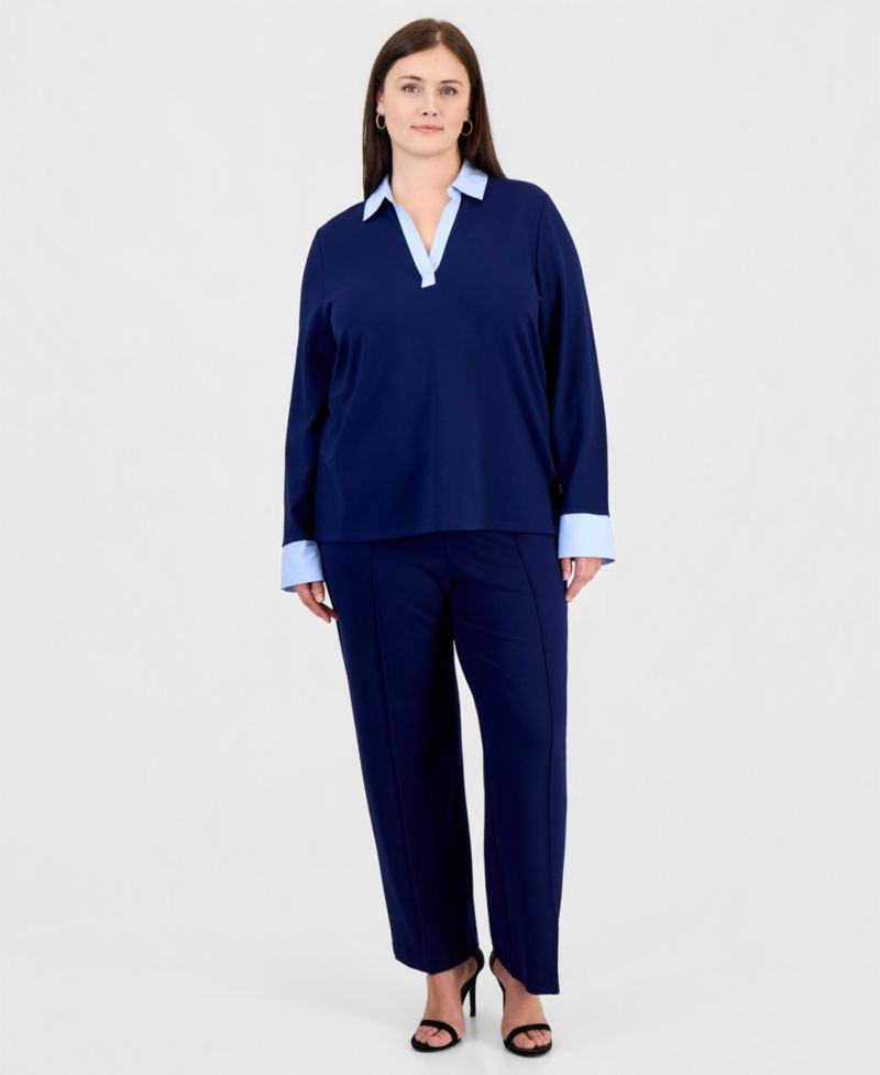 Plus Size Twofer Long-Sleeve Collared V-Neck Woven-Cuff Blouse