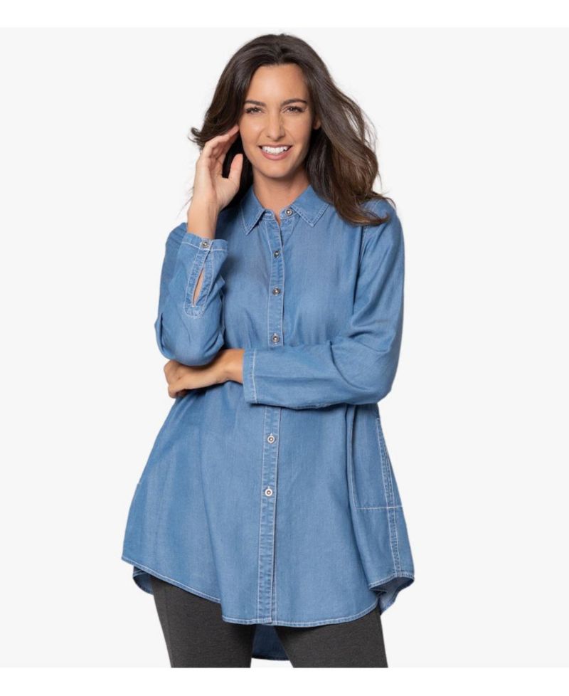 Women's Collared Denim Long Sleeve Button-Front Prime Time Tunic