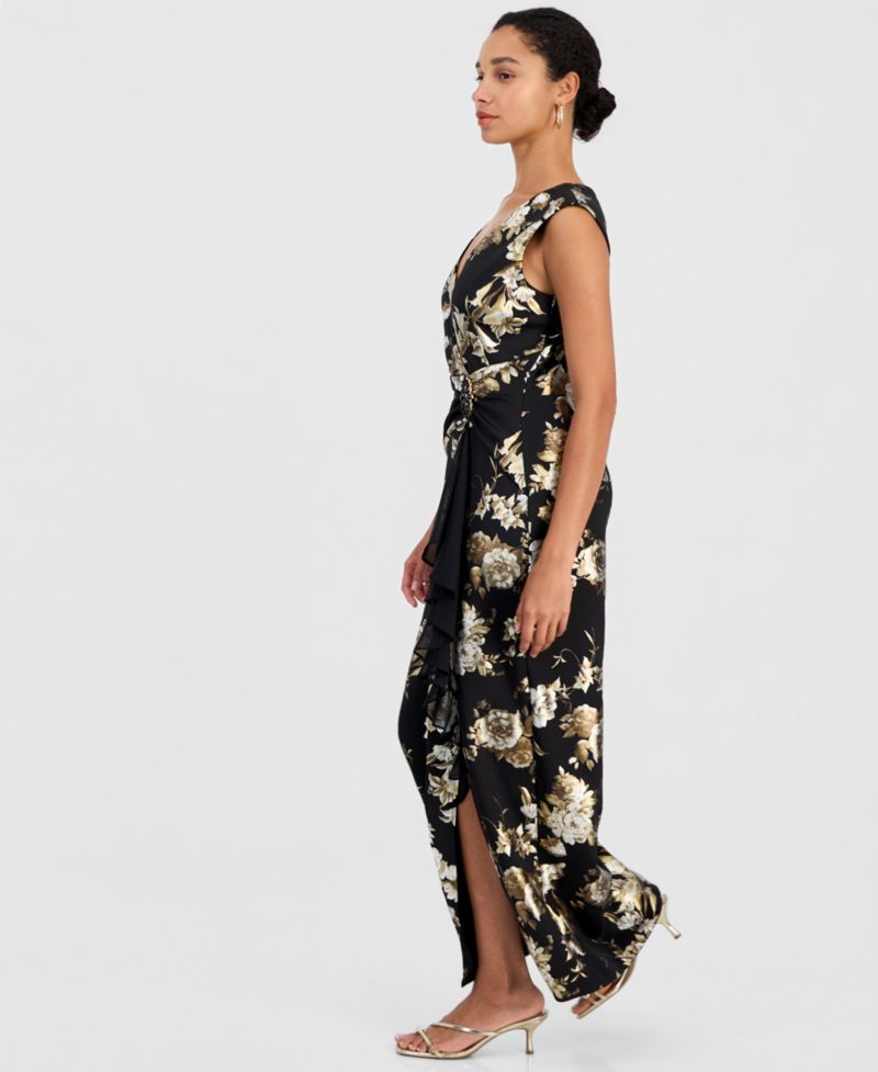 Women's Floral-Print Ruffle V-Neck Dress