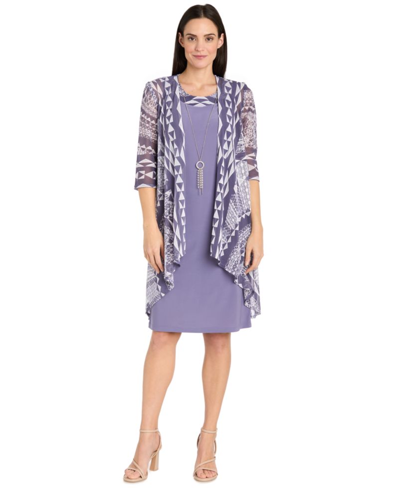 Petite Two Piece Printed Scoop Neck Sleeveless A-Line 2-Piece Dress and Jacket