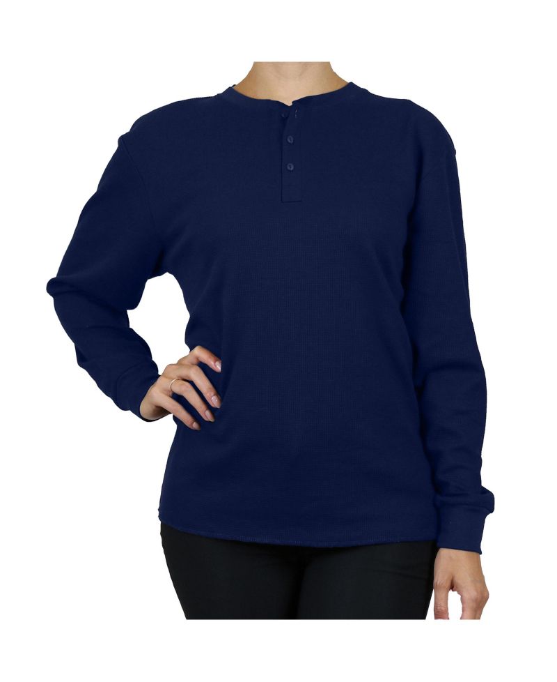 Women's Loose Fitting Waffle-Knit Henley Thermal Shirt
