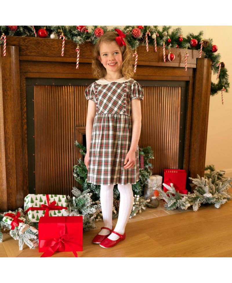 Girls' 2-10 Ivory Tartan Frill Front Dress