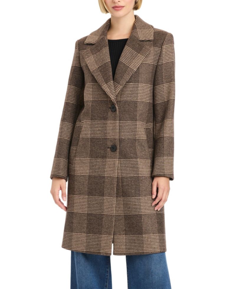 Women's Single-Breasted Wool-Blend Boyfriend Plaid Coat