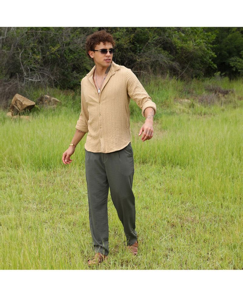 Men's Buff Beige Micro Hexagon-Lined Shirt