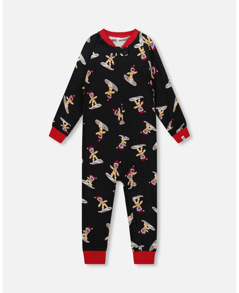 Baby Boy Cotton Interlock One-Piece Pajama Black Cookie Print - Baby