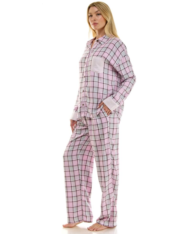 Women's Flannel Collared Long-Sleeve Shirt and Pant Pajama Set