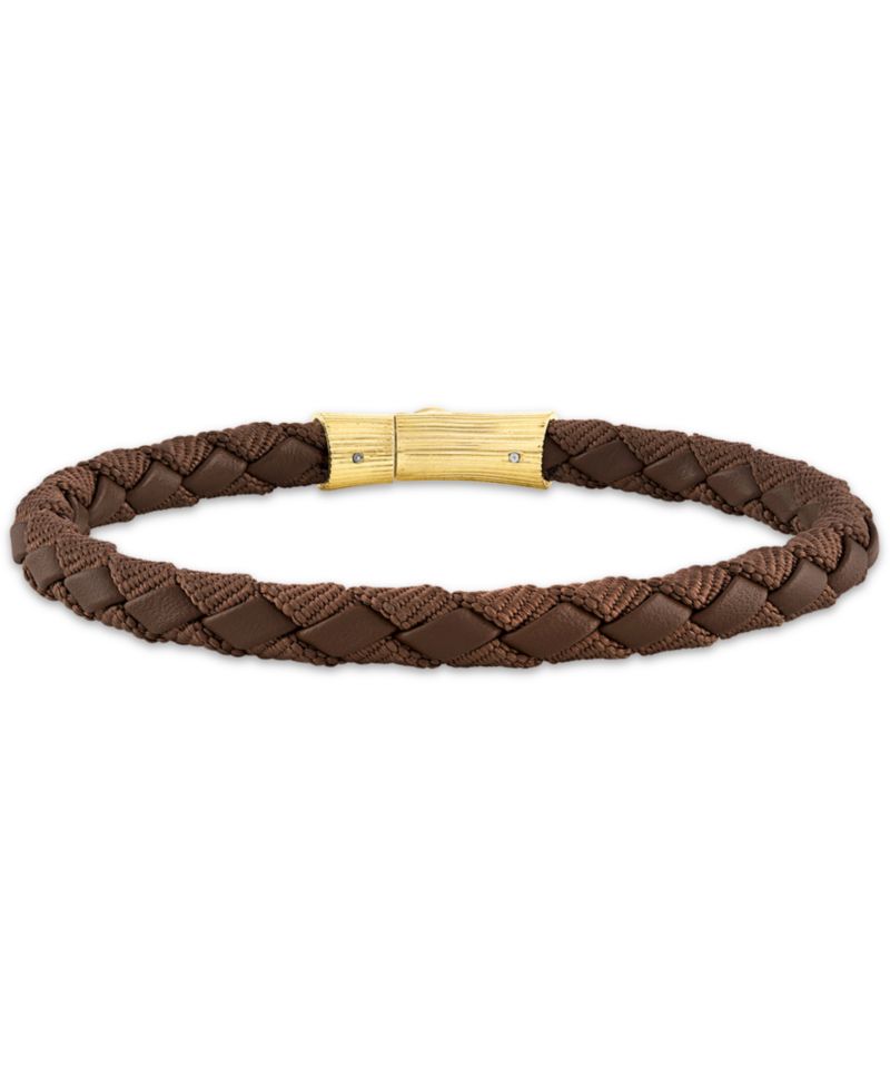 Black Leather Woven Bracelet in Sterling Silver (Also in Brown Leather & Blue Leather)