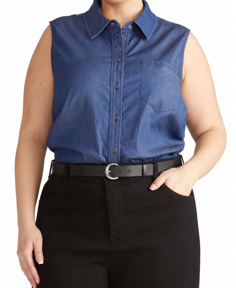 Plus Size Chambray Sleeveless Button-Front Shirt