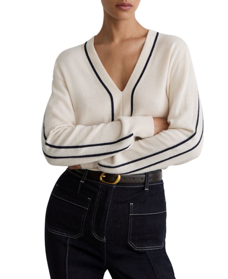 Women's Mila Wool-Blend with Cashmere V-Neck Stripe-Detail Sweater