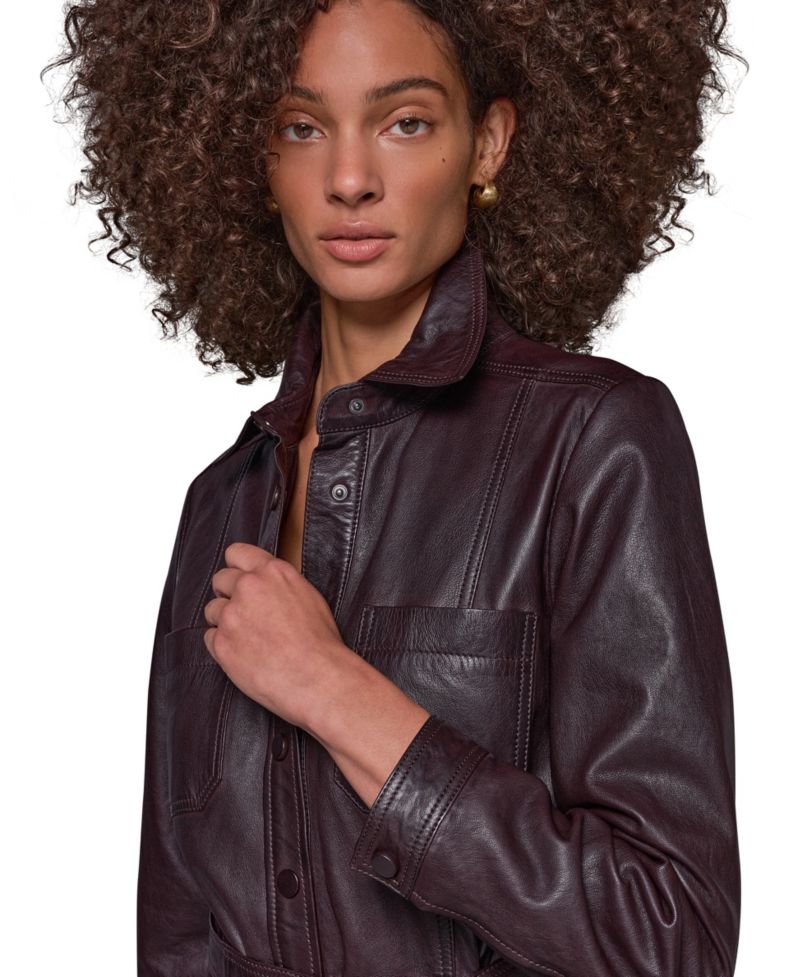 Women's Long-Sleeve A-Line Collared Leather Shirt Dress