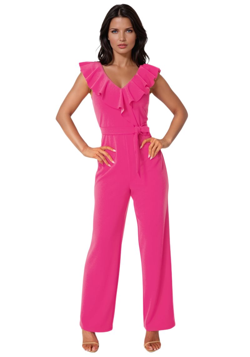 Womens V-Neck Ruffle Scuba Crepe Jumpsuit