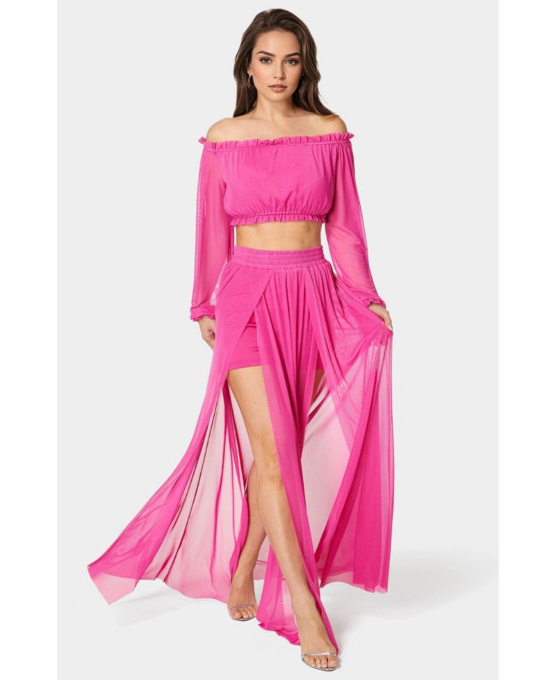 Women's High Slit Two Piece Mesh Dress