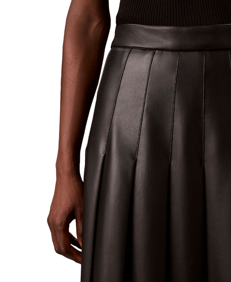 Women's Pleated Midi High-Waisted Faux Leather Skirt