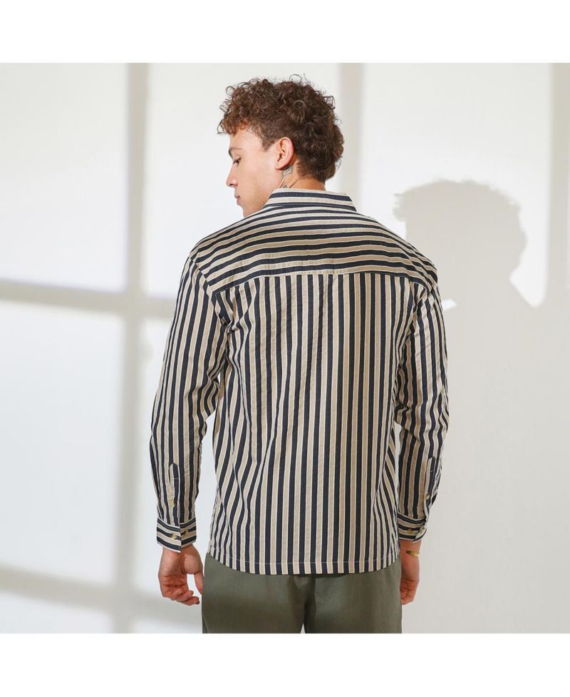 Men's Navy Blue & Khaki Beige Candy Striped Oversized Shirt