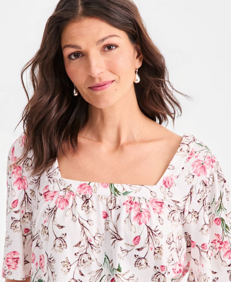 Petite Printed Square-Neck Short-Sleeve Top, Macy's Exclusive