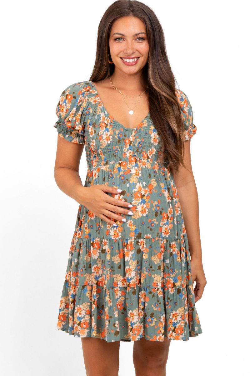 Women's Olive Floral Smocked V-Neck Puff Sleeve Dress