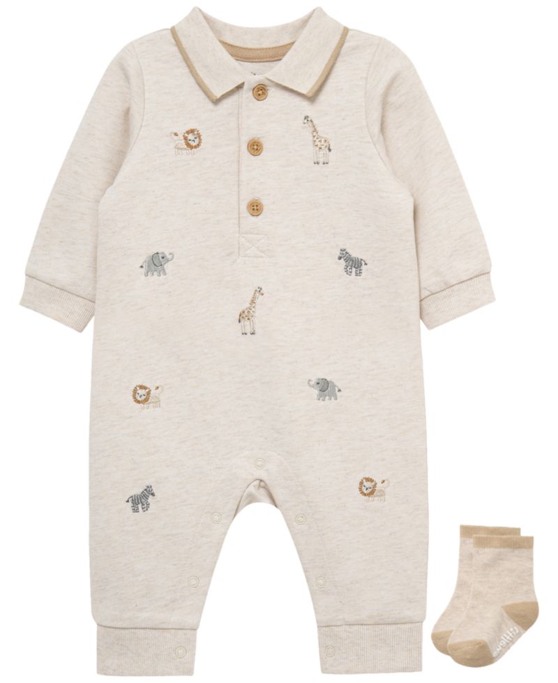 Baby Boys' Safari Long-Sleeve Coverall and Socks, 2-Piece Set