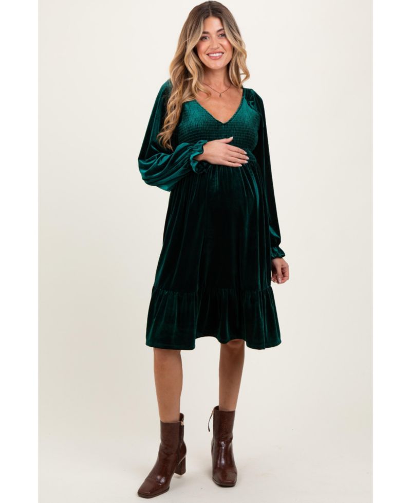 Women's Forest Green Velvet Smocked Long Sleeve Dress
