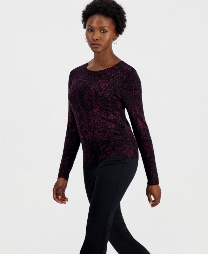 Petite Paisley Long-Sleeve Crewneck Sweater