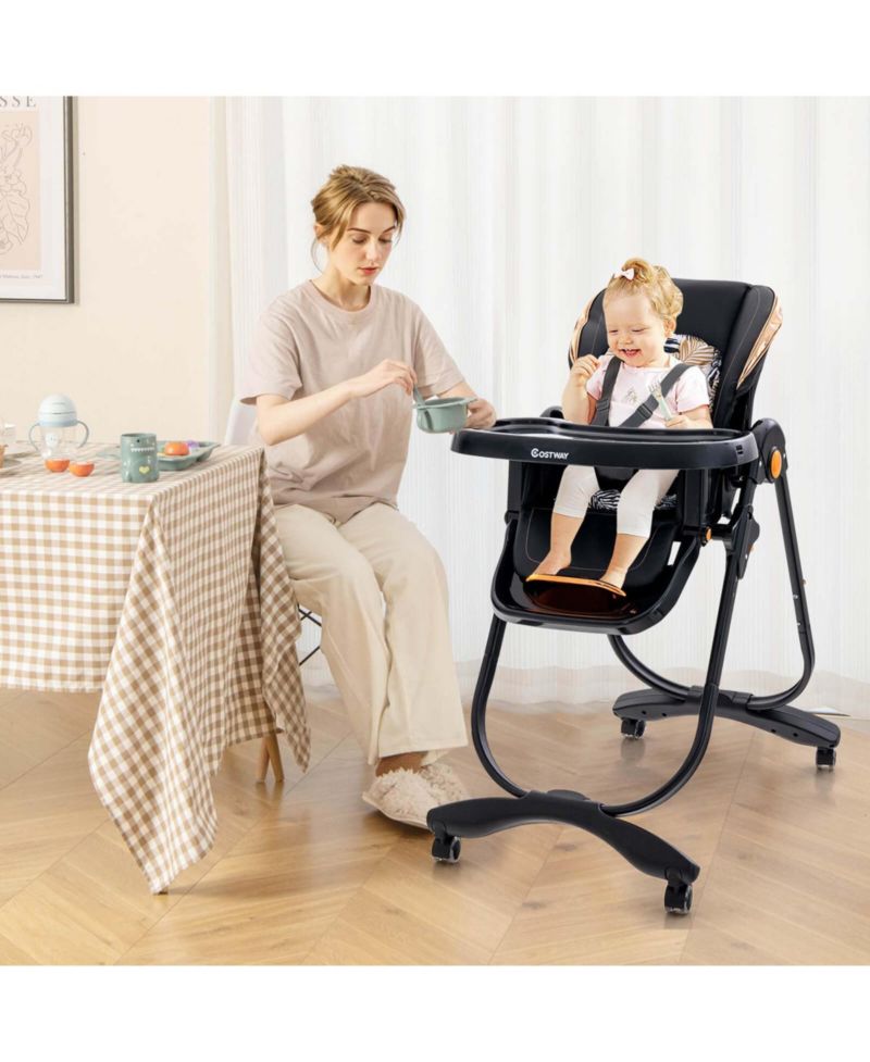 Baby High Chair with Wheel Folding Baby Dining Adjustable Height