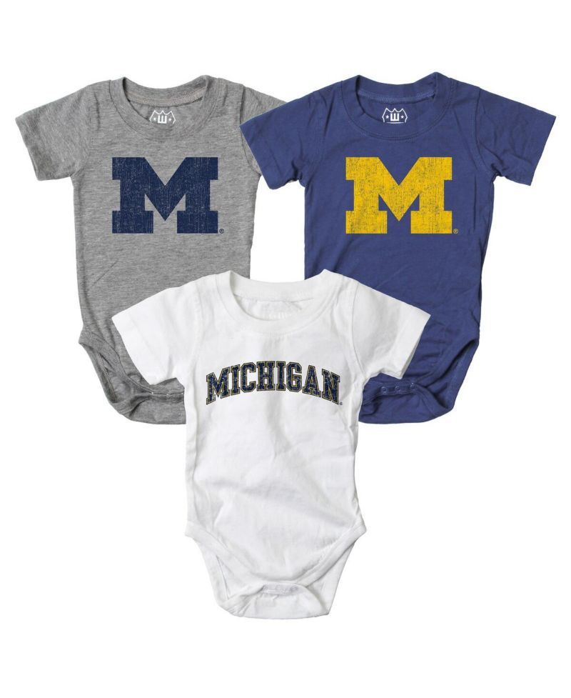 Baby Boys and Girls 3-Pack Navy/White/Heather Gray Michigan Wolverines Bodysuit