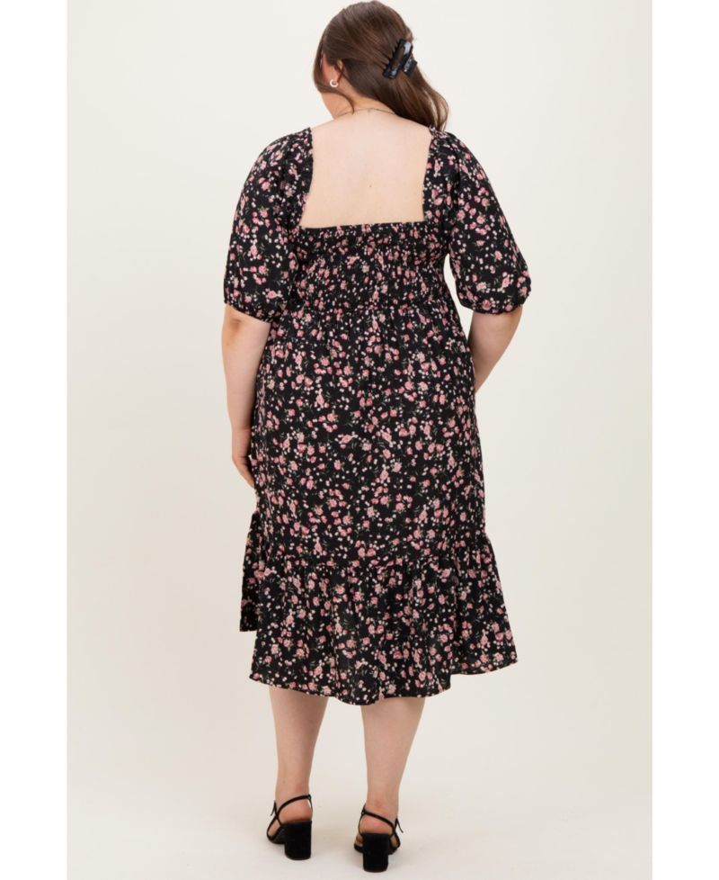 Plus Size Cream Floral Smocked Midi Dress