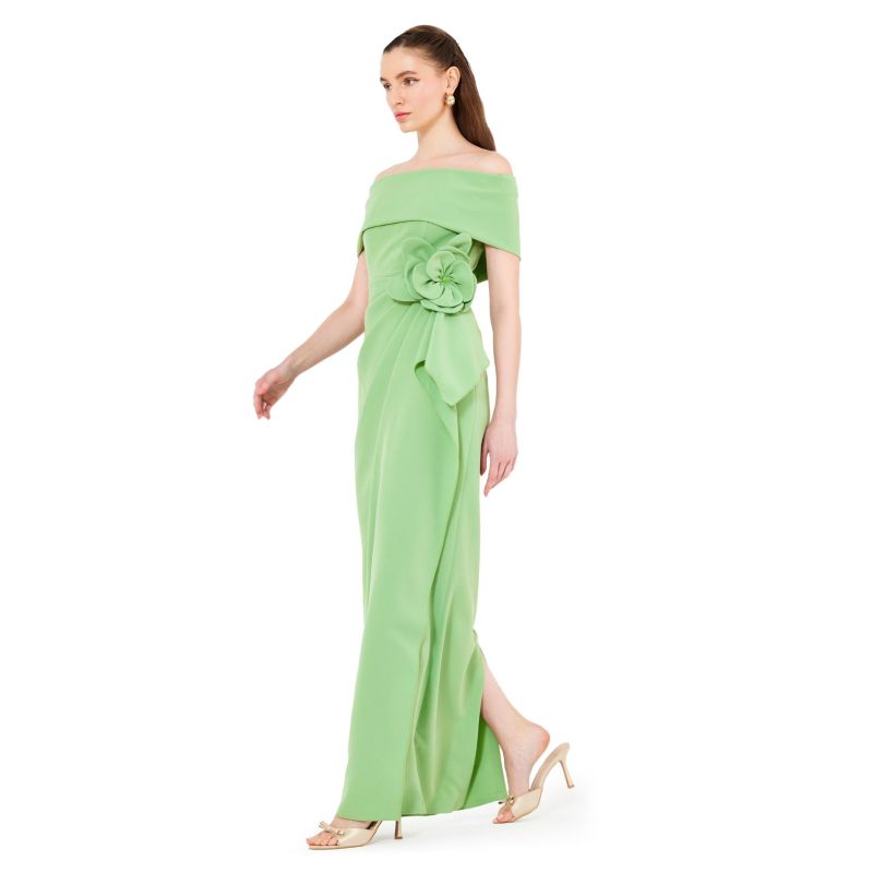 Bardot Neckline Floral Applique Pleated Gown
