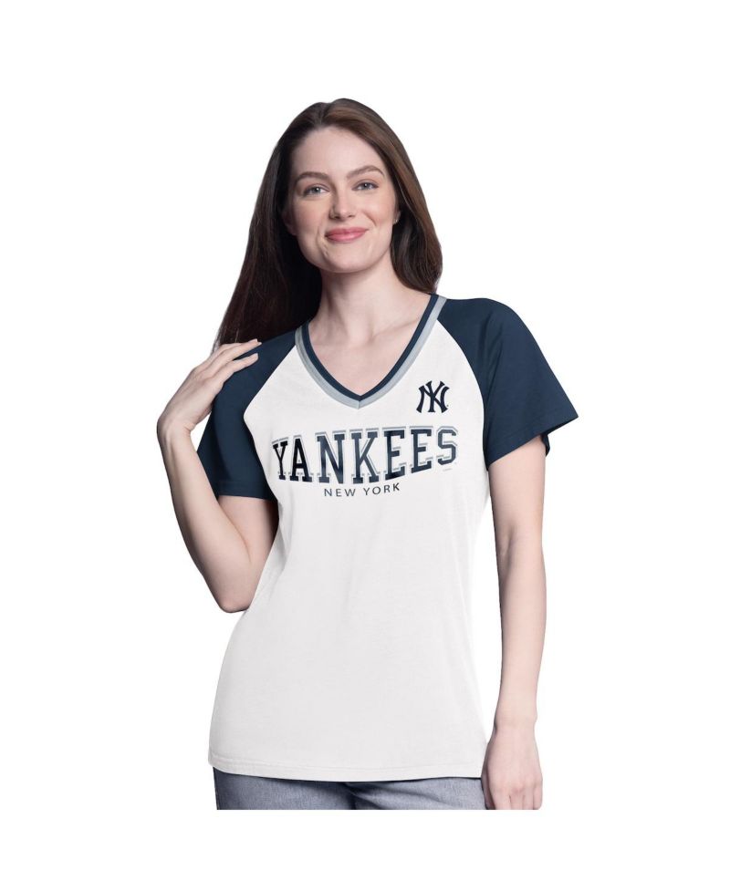 Women's White/Navy New York Yankees Ball Park Raglan V-Neck T-Shirt