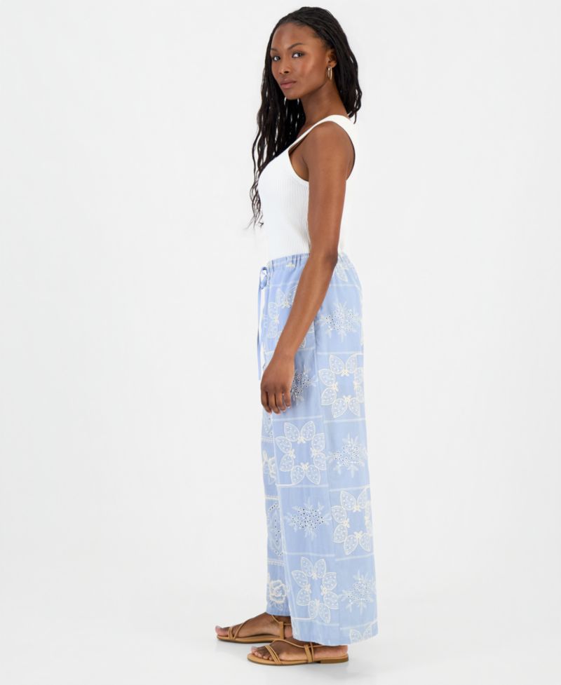 Petite Embroidered Cotton Wide-Leg Pants