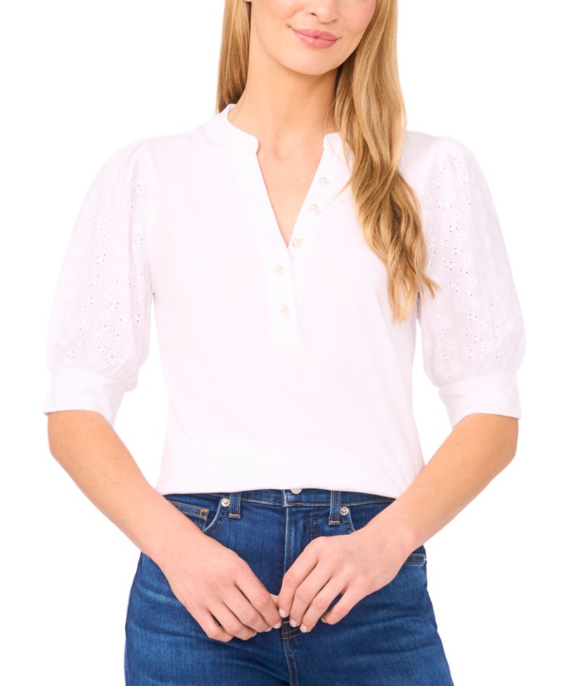 Women's Pearl Button Henley Embroidered Puff 3/4-Sleeve Cotton Top
