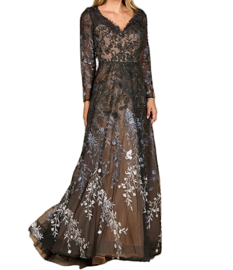 Women's Long Sleeve V-Neck Ombre Lace Gown