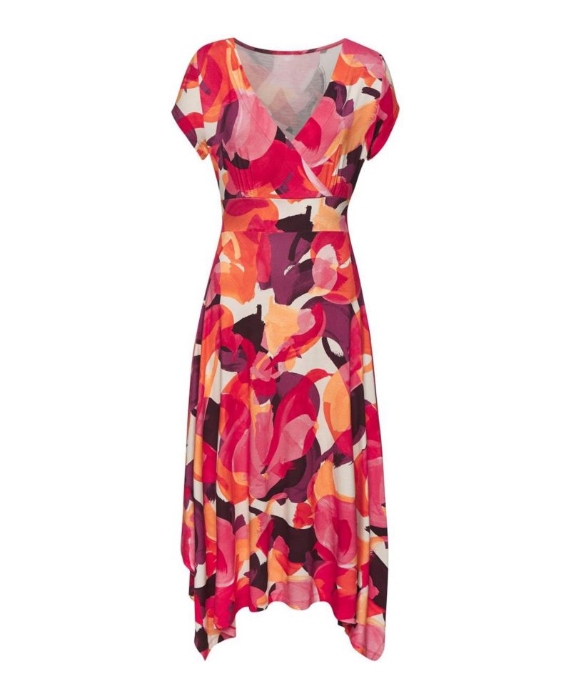 Women's Viscose Printed Handkerchief V-Neck Tie-Waist Midi Dress