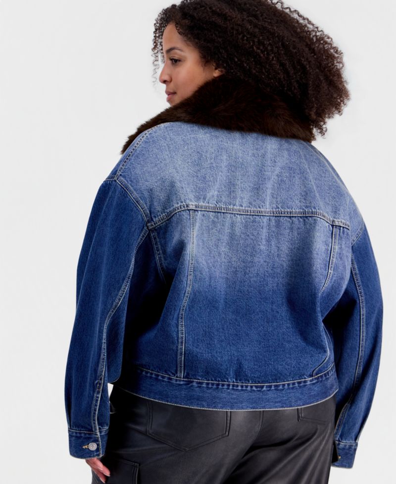 Plus Size Removable Faux-Fur Collar Denim Cropped Jacket