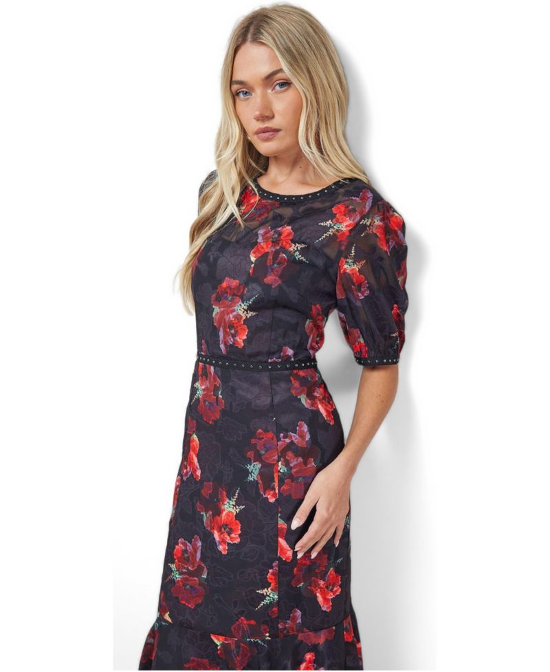 Women's Floral Stud Trim Puff Sleeve Midi Dress