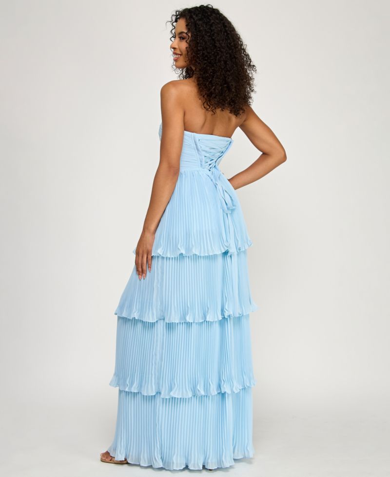 Juniors' Pleated Tiered Strapless Gown