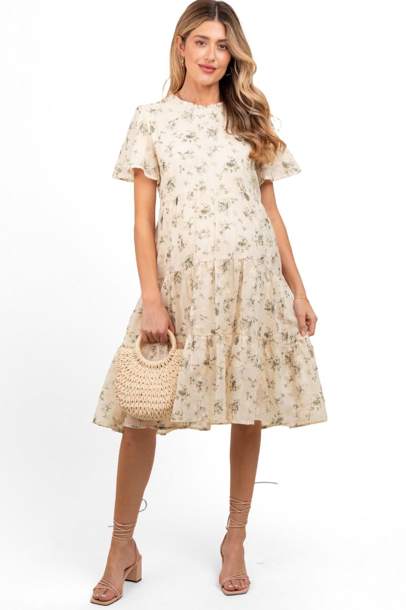 Women's Cream Floral Print Eyelet Lace Dress