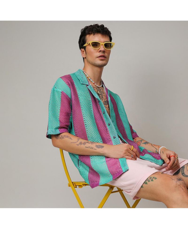 Men's Mint Green & Plum Purple Balanced Striped Oversized Shirt