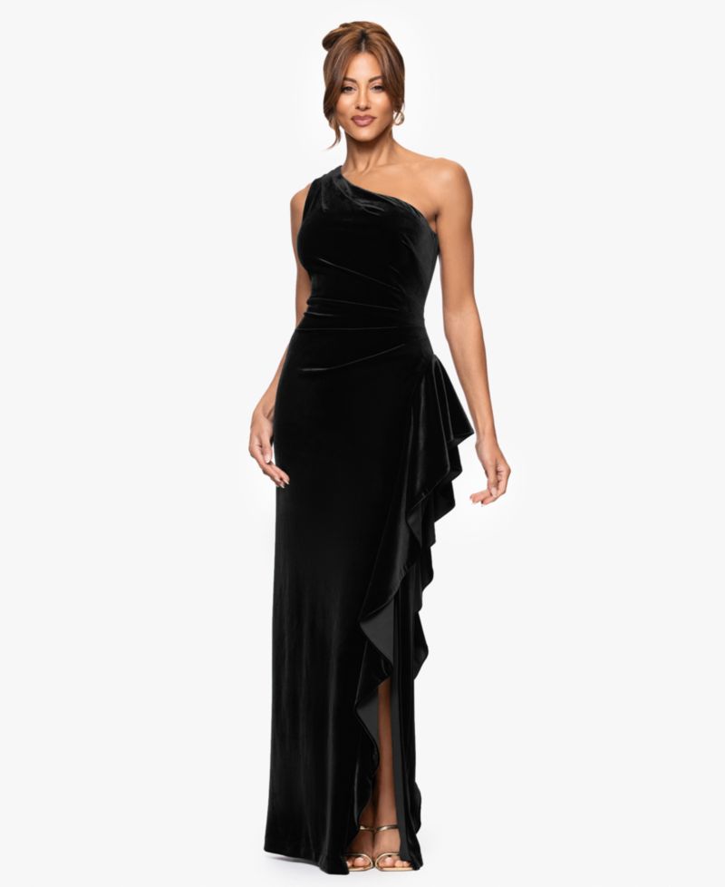 Petite Long Velvet One-Shoulder Dress