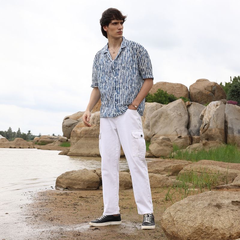 Men's Navy Blue & Ivory White Ombre-Striped Oversized Shirt