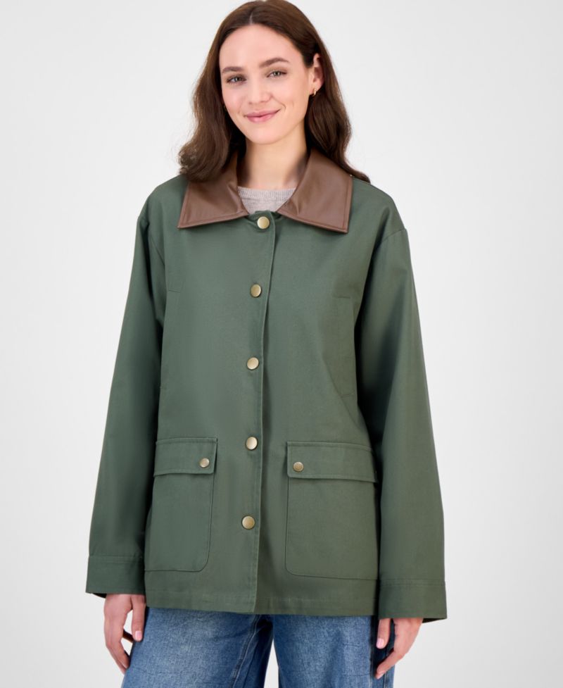 Juniors' Contrast-Collar Snap-Front Barn Jacket