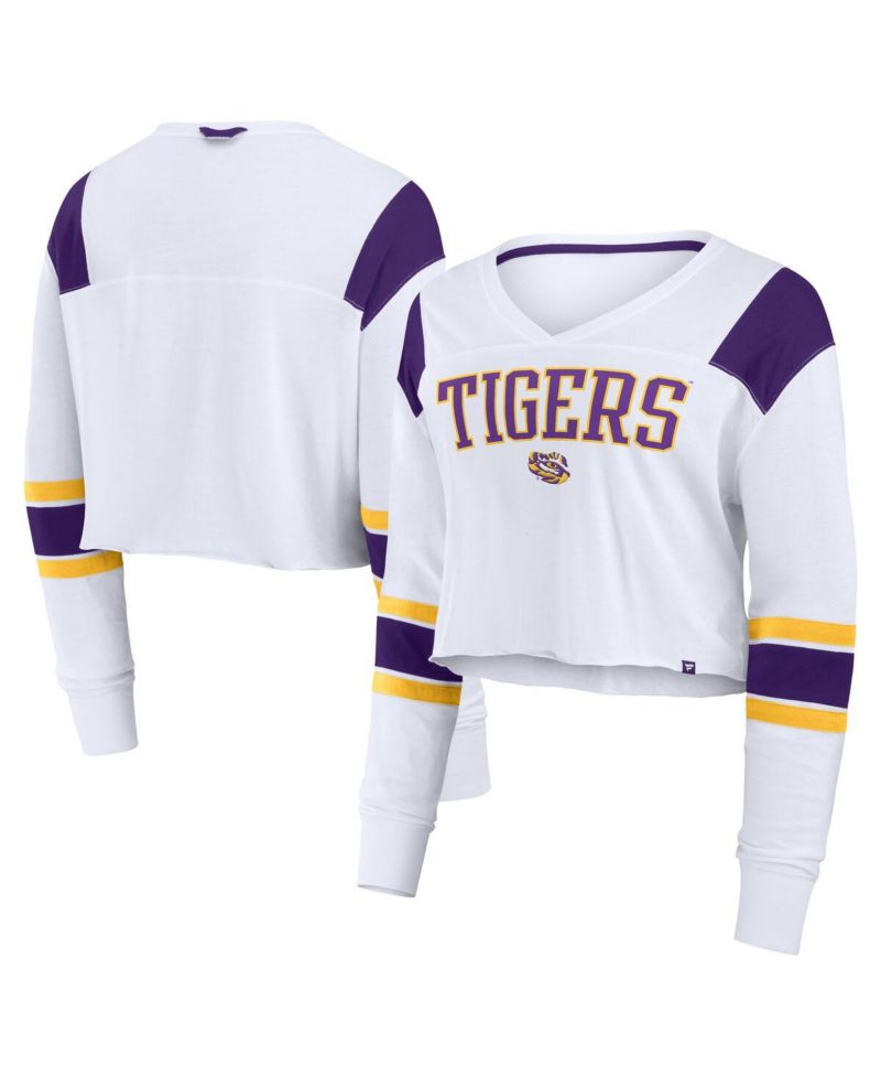 Women's White LSU Tigers Training Camp Cropped Long Sleeve V-Neck Fashion Top