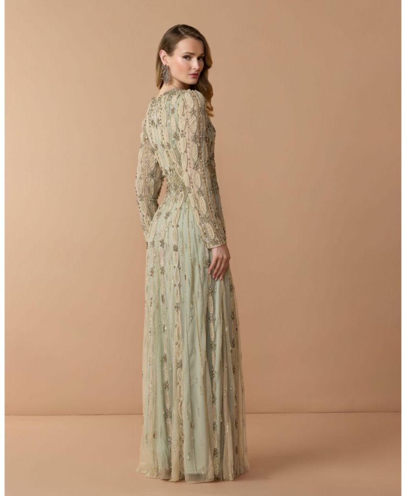Women's Embellished Mesh Long Sleeve Evening Gown