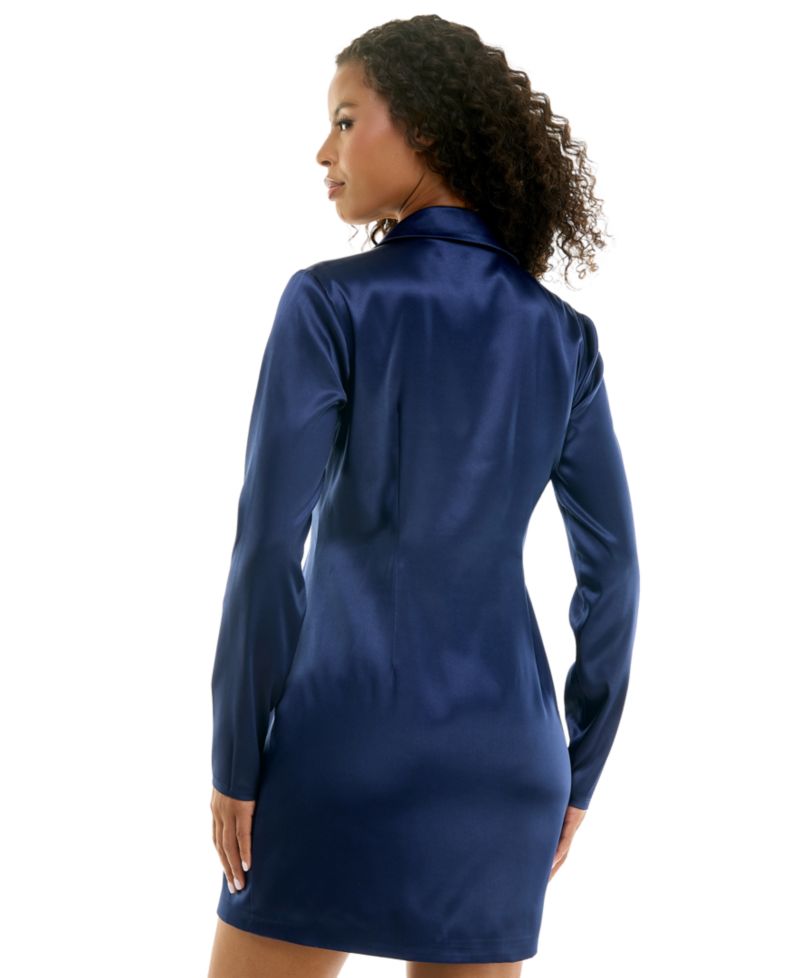 Juniors' Double-Breasted Long-Sleeve Satin Blazer Dress