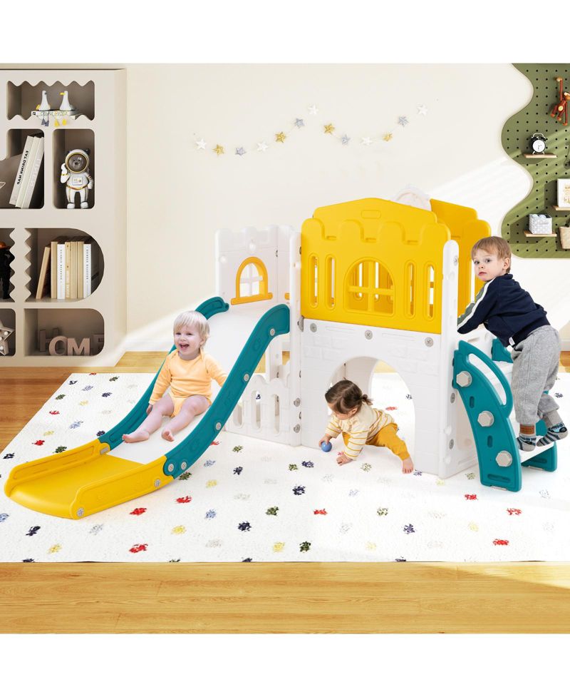 9 in 1 Toddler Slide L Shaped Kids Slide and Climber Playset w/ Basketball Hoop