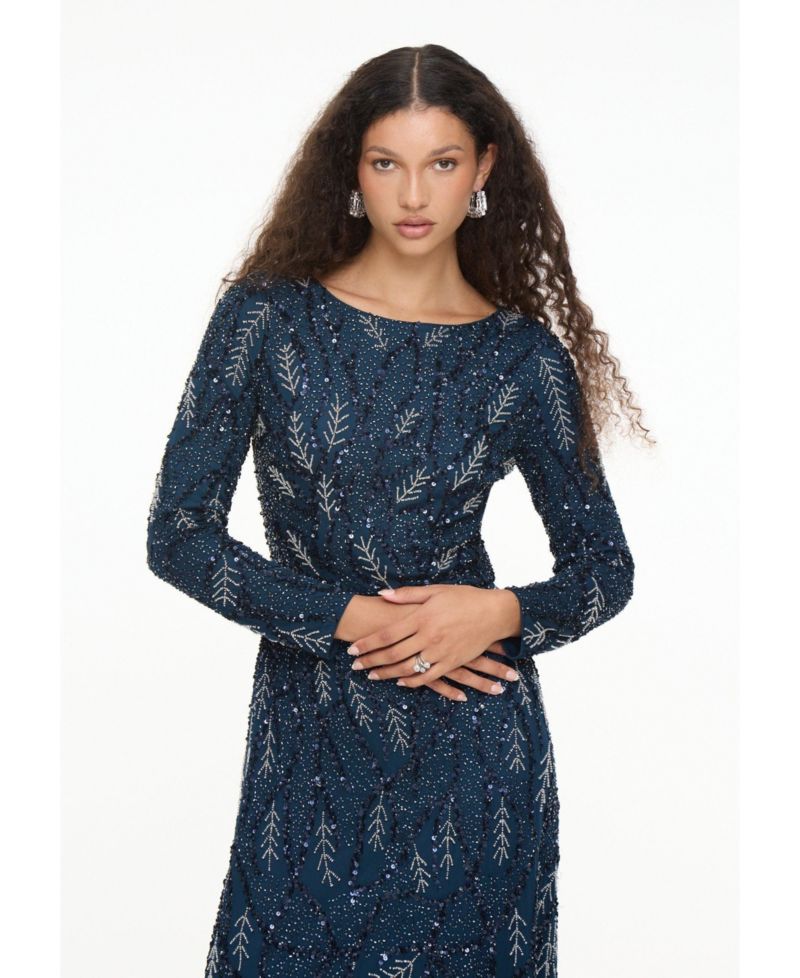 Women's Modest Embellished Sequin Beaded Dress Maxi With Detailed Work