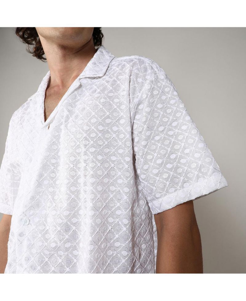 Men's Chalk White Embroidered Circular Shirt