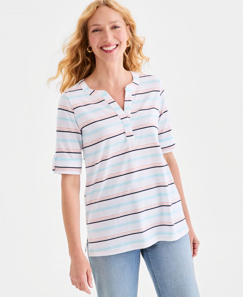 Women's Printed Split-Neck Elbow-Sleeve Tunic