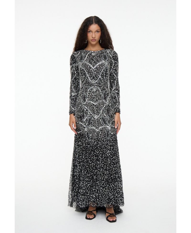 Women's Modest Embellished Sequin Beaded Dress Maxi With Fit Bodice and Trail