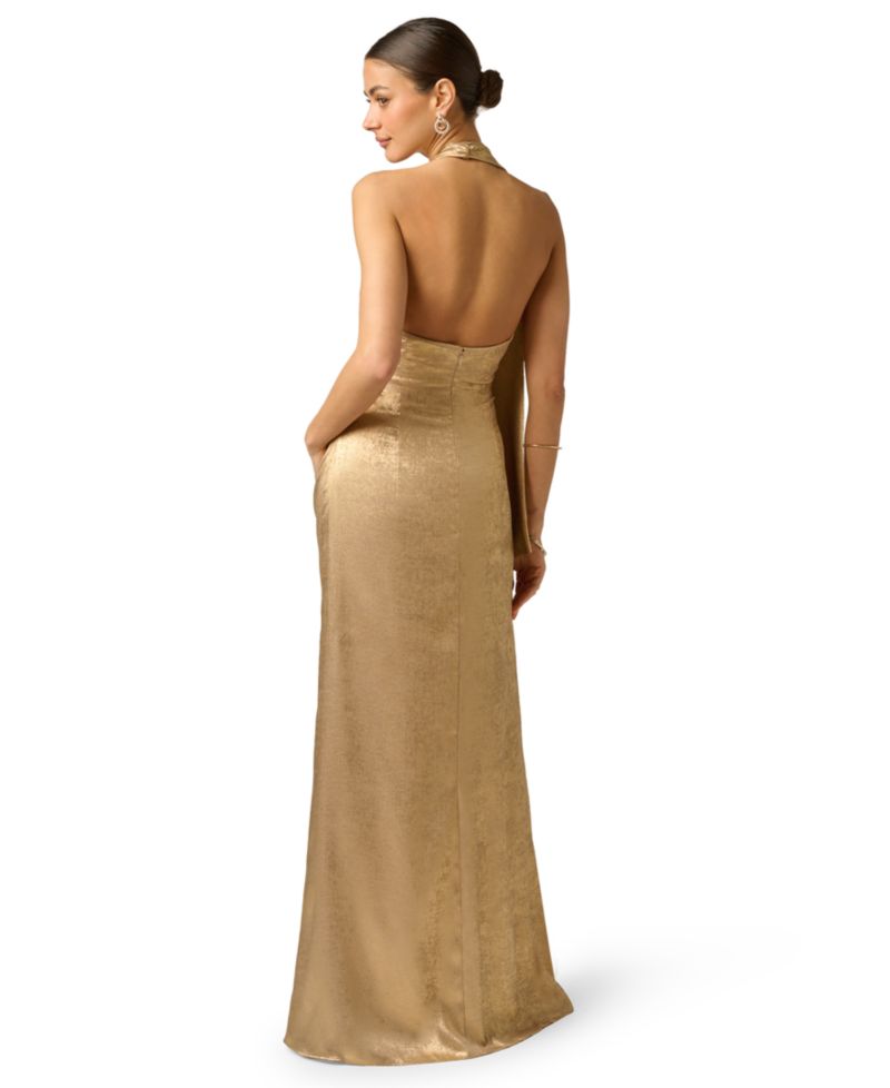 Women's Foiled Draped Neck Scarf Pleated Ball Gown